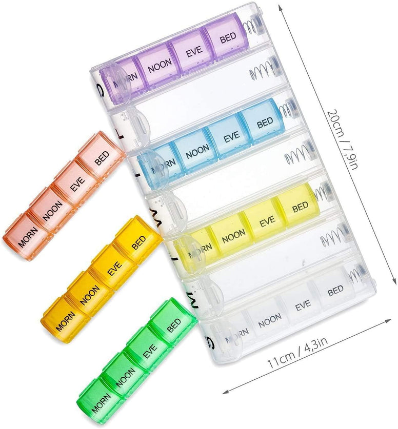 Bingcute Pill Box 7 Day Dispenser - Large Weekly Medicine Organiser with Portable Weekdays [4 Individual Storage Cells] Colour Coded Tablet Container 7 Day Pill Organizer Case