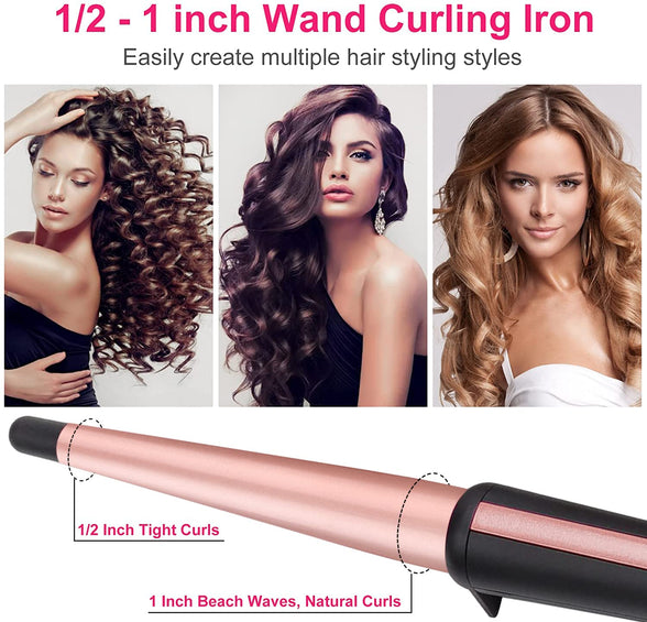 Hair Curling Wand, 0.5-1Inch Tapered Curling Iron, Professional Ceramic Hair Curler Wand with Heat-Resistant Glove, Dual Voltage (Pink)