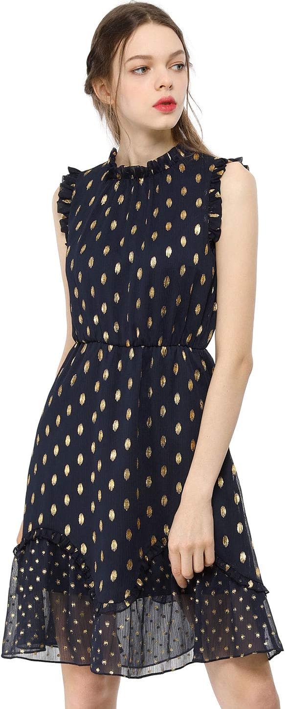 Allegra K Women's Dots High Neck Sleeveless Metallic Print Ruffle Cocktail Party Dress