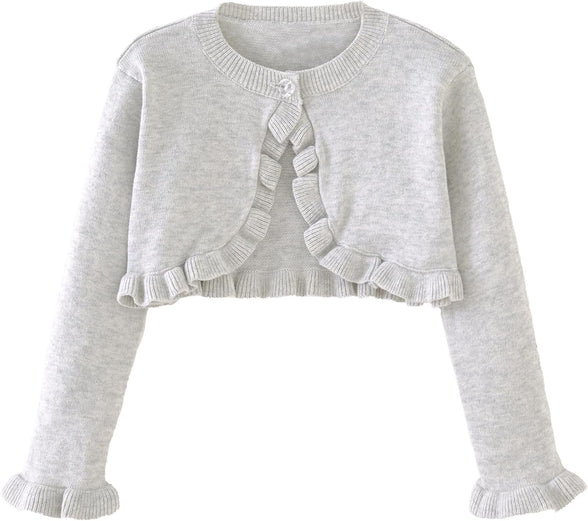 Girls’ Bolero Cardigan Long Sleeve Knitted Shrug Sweaters Button Closure Lace Ruffle Shawl Cropped Dress Up Tops Jacket