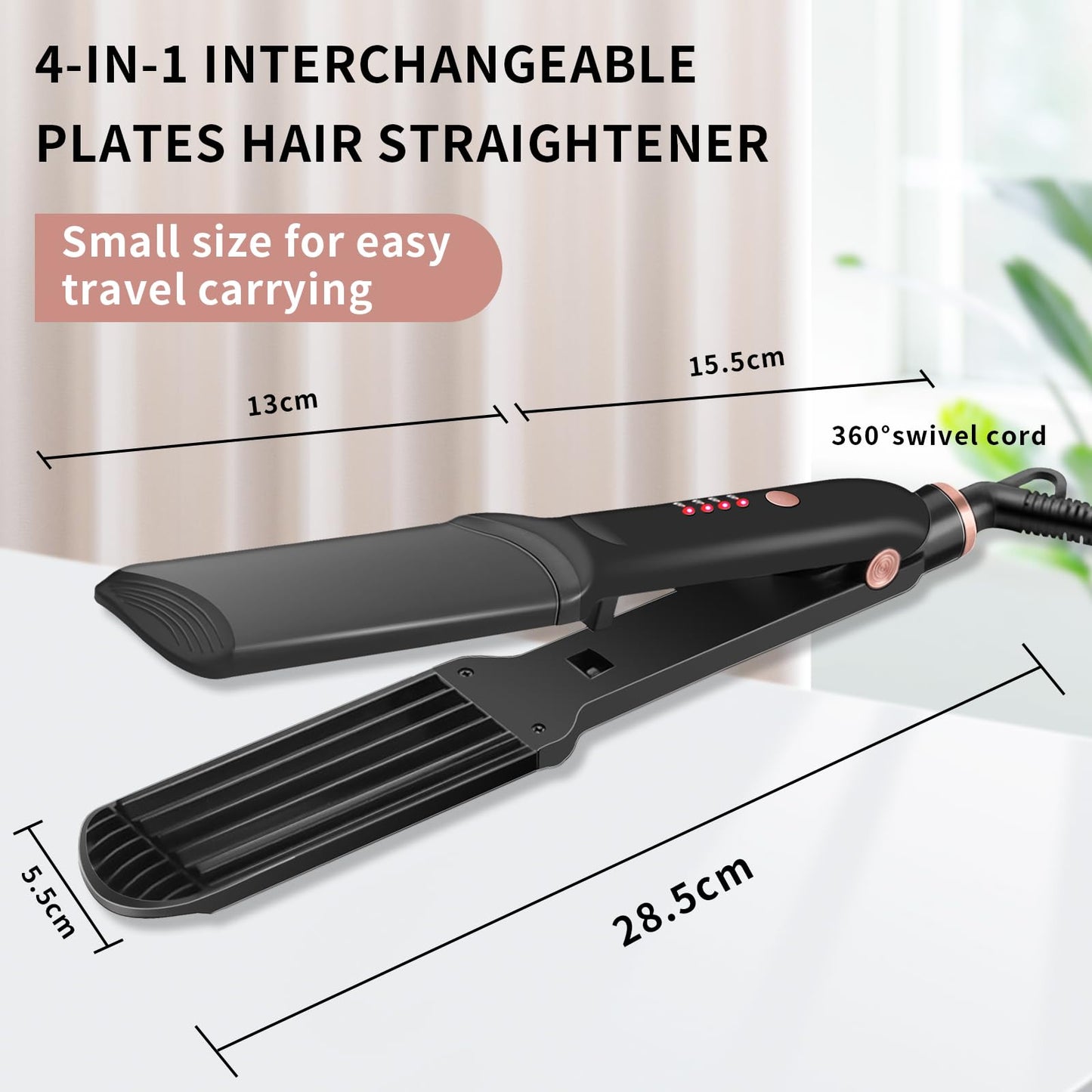 Rosy Forth Hair Crimper Hair Waver Straightener Iron with 4 Interchangeable Ceramic Plates, Hair Styler Crimping Iron for Hair Volumizing, Straightening with 4 Heat Settings Adjustable Temperature