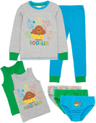 Hey Duggee 7 Piece Pyjamas Set Kids | Grey T-Shirt Blue Leggings Pjs 2 Vests 3 Underwear Pants Roly Tag Norrie Happy Characters Doodles Graphics 18-24 Months