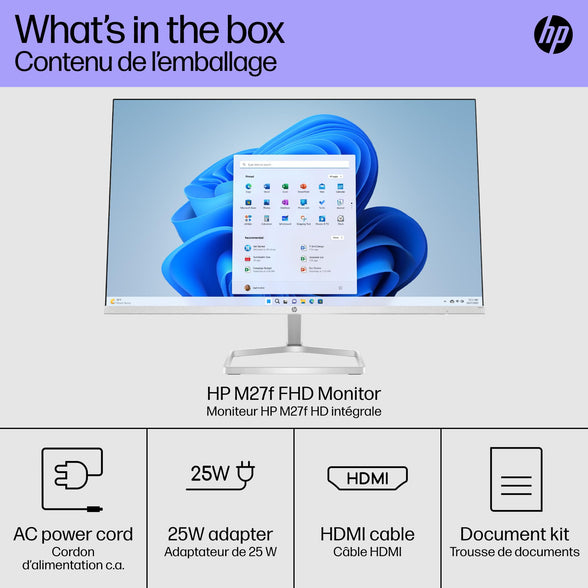 HP New_HP 27 Inch FHD 1080p IPS LED Anti-Glare Monitor, AMD FreeSync, 70Hz, 300 nits, 2 HDMI & VGA Ports, Tilt (m27f) - Silver and Black (27 Inch)