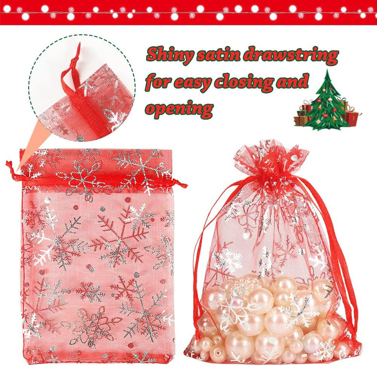 HRX Package 100pcs Snowflake Organza Bags, 10x15cm Christmas Red Drawstring Mesh Gift Pouches for Jewellery Candy Wedding Party Favors