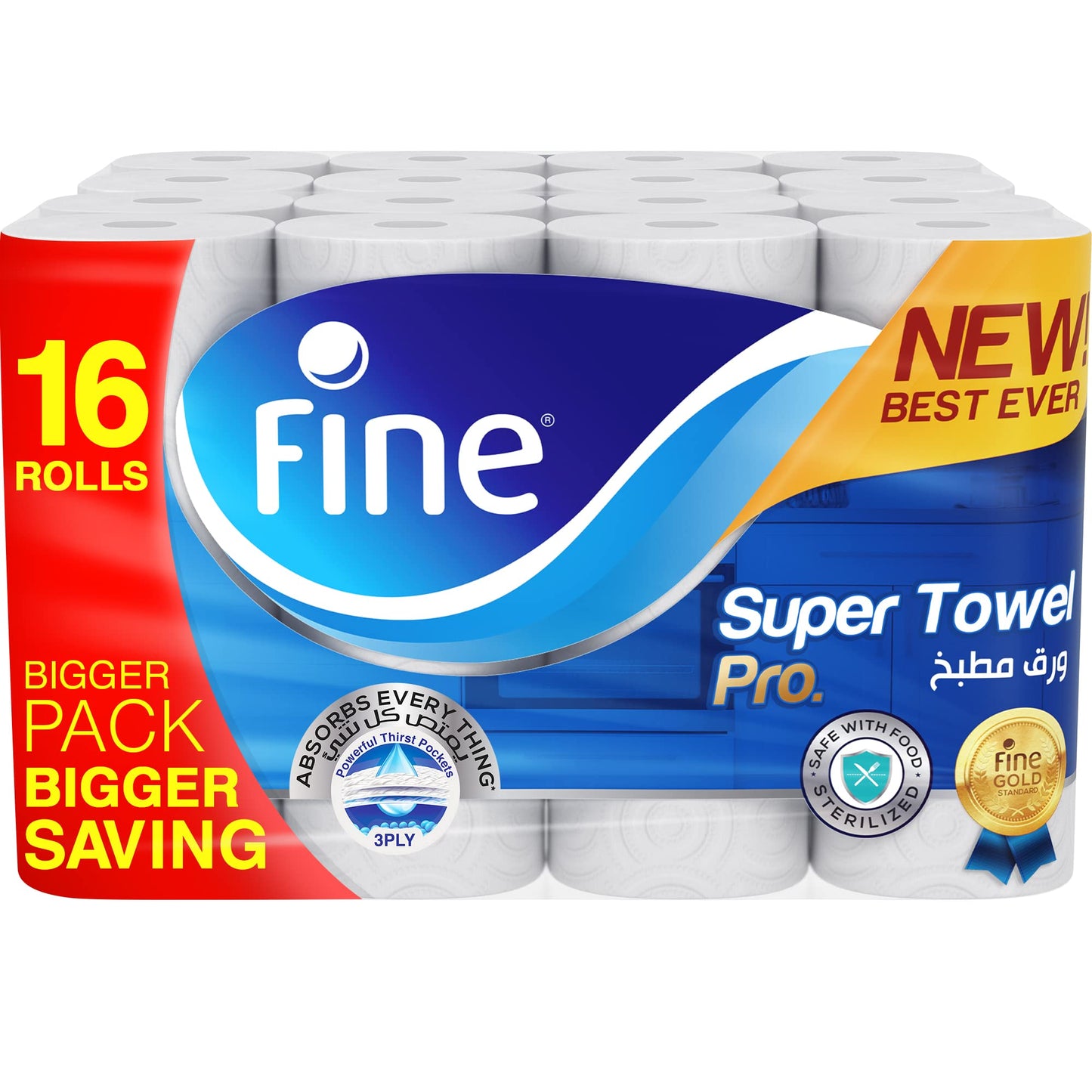 Kitchen paper towel roll, 60 sheets X 3 ply, 16 rolls. Fine® Super Towel Pro, sterilized tissues for germ protection, Half Perforated