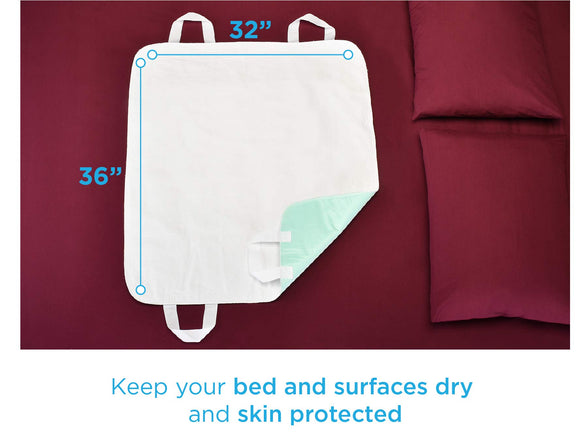 NOVA Waterproof Reusable Underpad with 4 Positioning Strap Handles, 100% Cotton Skin Soft Top Layer, Washable Incontinence Bed & Surface Overlay, Super Absorbent, 32” x 36”