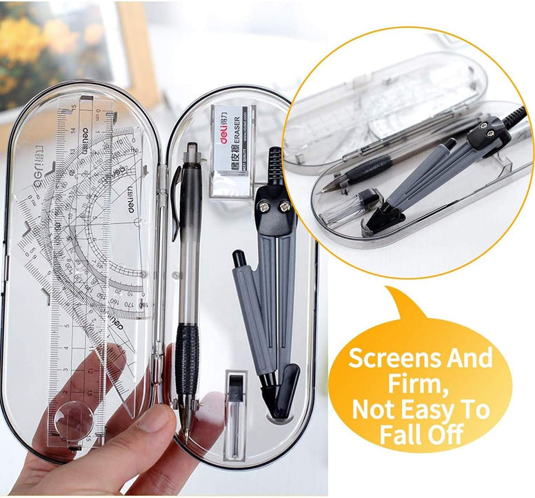 DELFINO Set Math Geometry Tool Plastic Clear Ruler Sets Protractor Triangular Ruler Drawing Compass for School Student Classroom, High Quality Material for Long Time and Durable Use