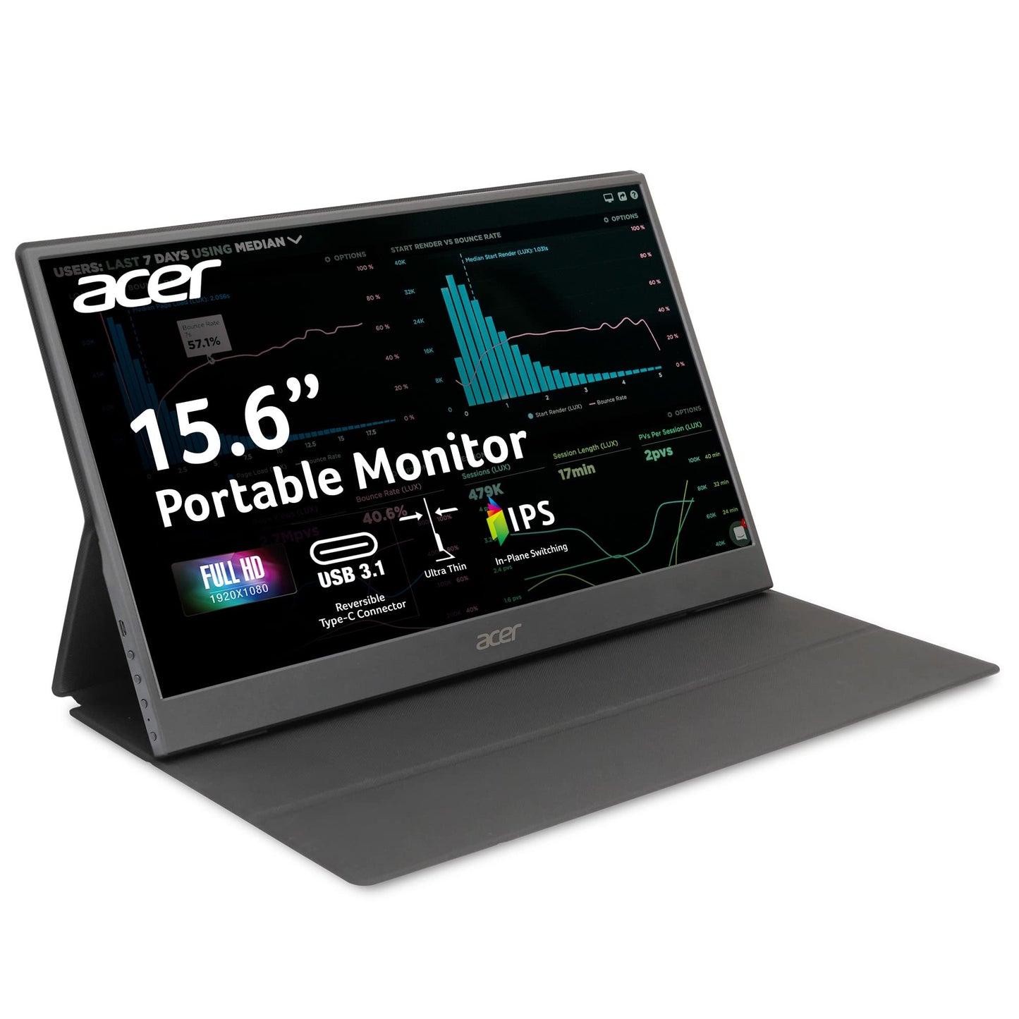 Portable Monitor | Acer PM161Q Abmiuuzx 15.6'' Full HD 1920 x 1080 IPS Ultra Slim Design Premium Cover I External for Laptop PC Mac 2 USB 3.1 Type-C Ports, 1 Mini HDMI & Micro USB, Black