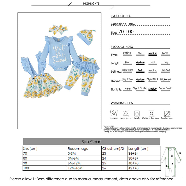 Toddler Baby Girl Dress Clothes Set Ruffle Sleeve Letters Top Floral Suspender Skirt Pants 5PCS Outfit, for 0-3 Months