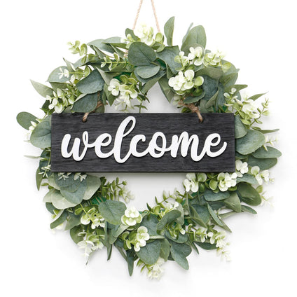 Wreath for Front Door 16 Inch Eucalyptus Leaves Wreath Green Leaves Wreath with Welcome Sign Door Wreath Spring Summer Wreath for Farmhouse Home Porch Indoor Outdoor Decor