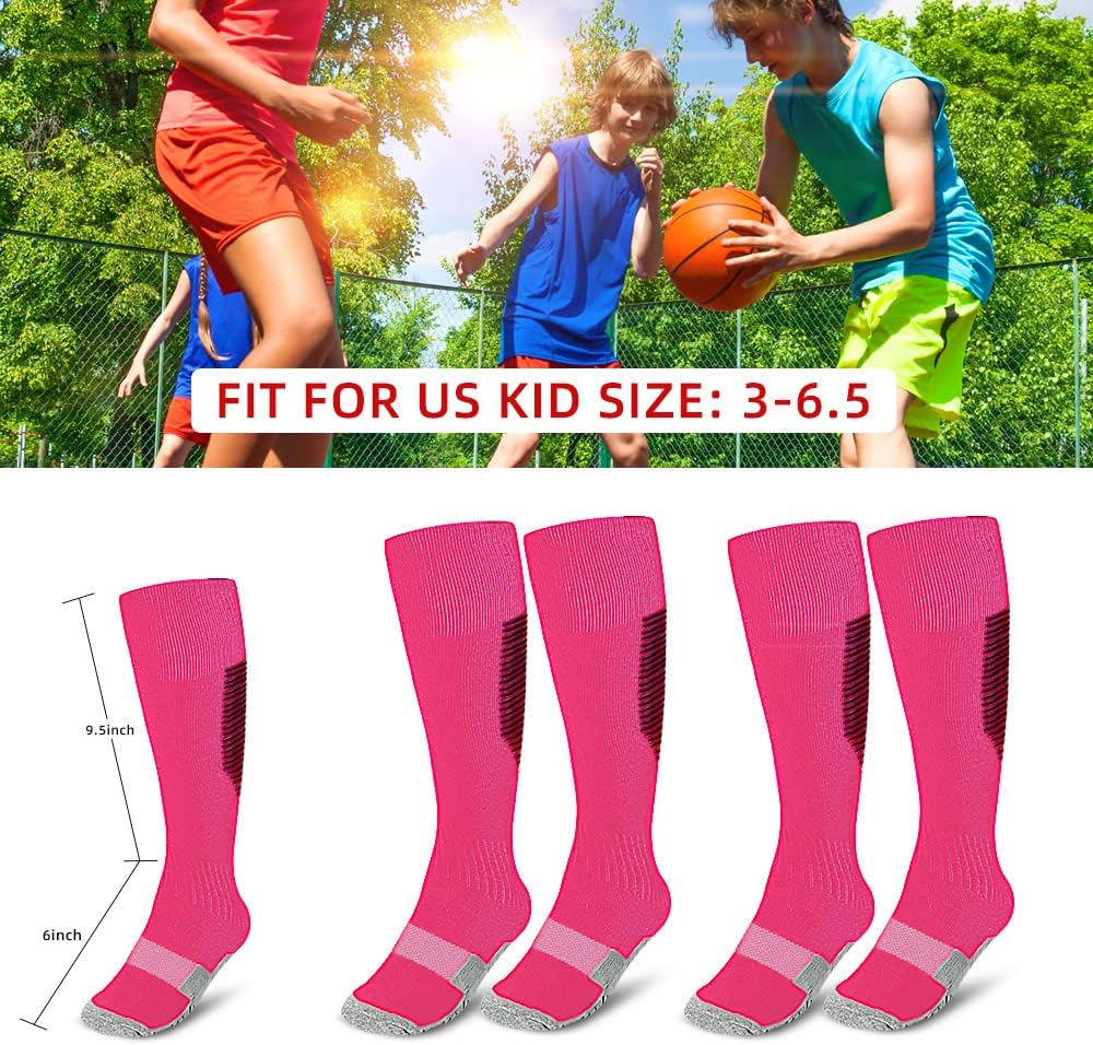 Kids Athletic Soccer Socks, 2 Pairs Knee High Socks for Youth Boys Girls for Shoe Size 3-6.5 / Ages 6-12