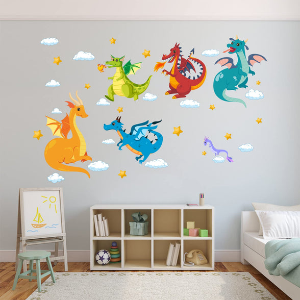 AnFigure Dragon Wall Stickers Cute Stars Cloud Wall Decals for Kids Room Boys Room Baby Room Nursery Playroom Bedroom Removable Animals Wall Decor Mural Vinyl Peel and Stick Decorations