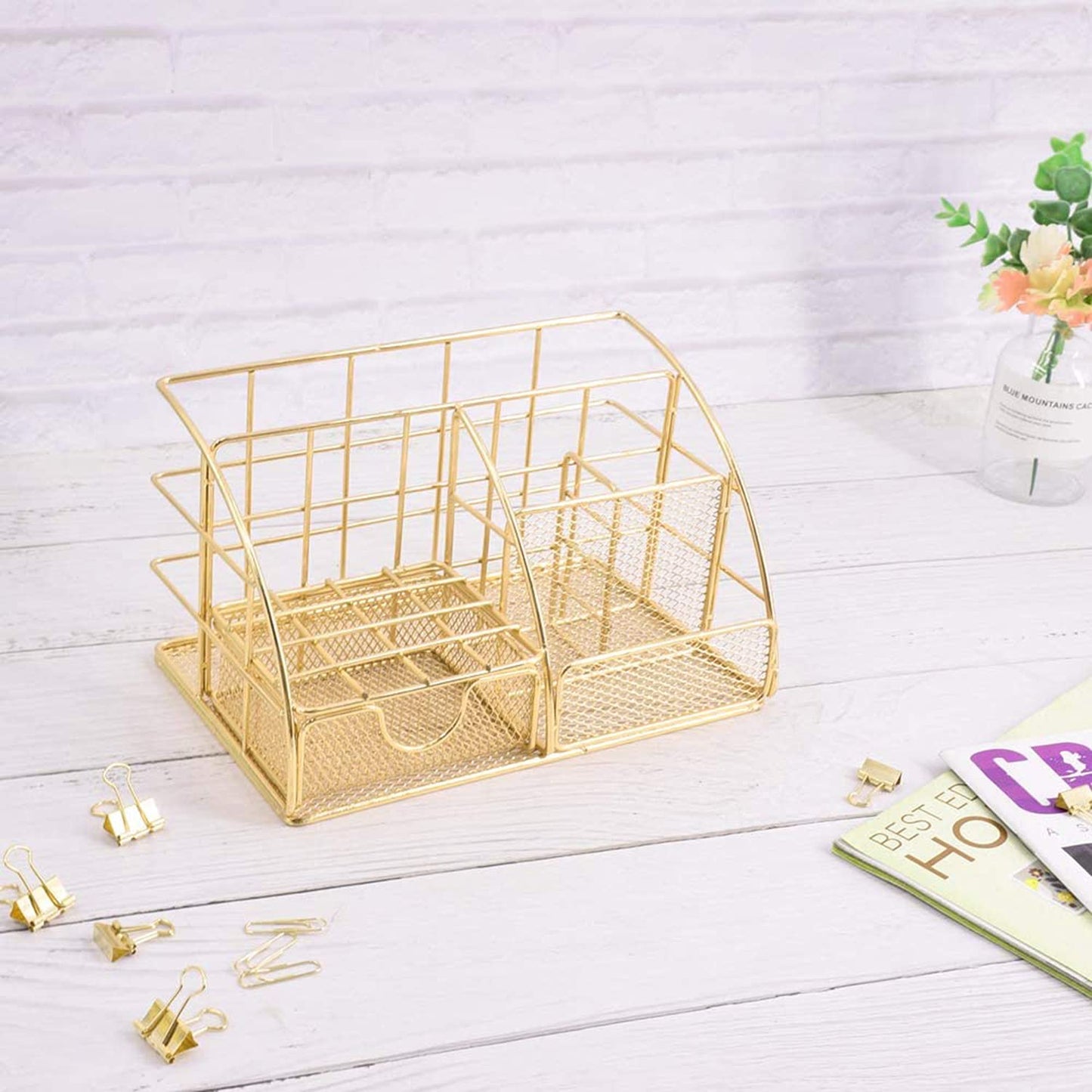 Desk Organizer, Mesh Office Supplies Desk Accessories, Features 5 Compartments + 1 Mini Sliding Drawer, All-in-one Office Supplies, Office Desk Organizers and Storage (Plating-Gold)