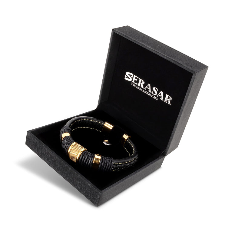 SERASAR | Premium Bracelet [Ring] for Men in Genuine Black Leather | Magnetic Stainless Steel Clasp in Black, Silver and Gold | Exclusive Jewellery Box | Great Gift Idea