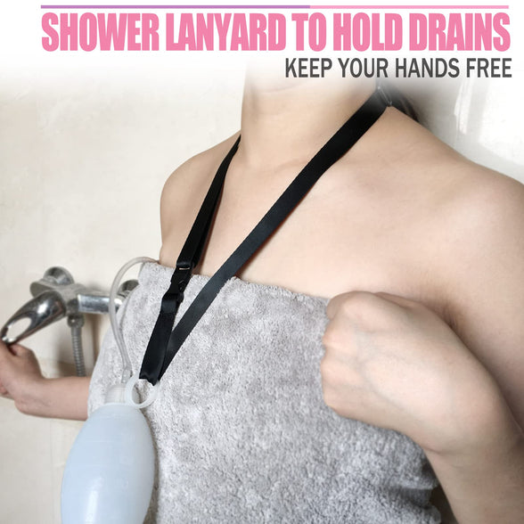 Mastectomy Shower Lanyard for JP Drains Management, Adjustable Bath Drainage Holder Diep Reconstruction/Explant Surgery/Tummy Tuck, Pack of 2 Black