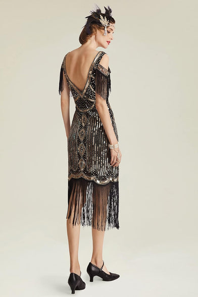 Excefore 1920s Flapper Dress Long Fringe Gatsby Dress Roaring 20s Sequin Beaded Dress Vintage Art Deco Dress, M