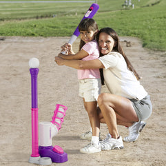 HYES 2 in 1 T Ball Sets for Kids 3-5, Tee Ball Set with Step on Pitching Machine/Adjustable Batting Tee/Retractable Baseball Bat/6 Balls, Outdoor Sport Toy Games for Girls Toddlers, Purple