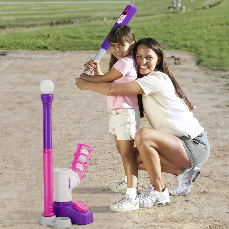 HYES 2 in 1 T Ball Sets for Kids 3-5, Tee Ball Set with Step on Pitching Machine/Adjustable Batting Tee/Retractable Baseball Bat/6 Balls, Outdoor Sport Toy Games for Girls Toddlers, Purple