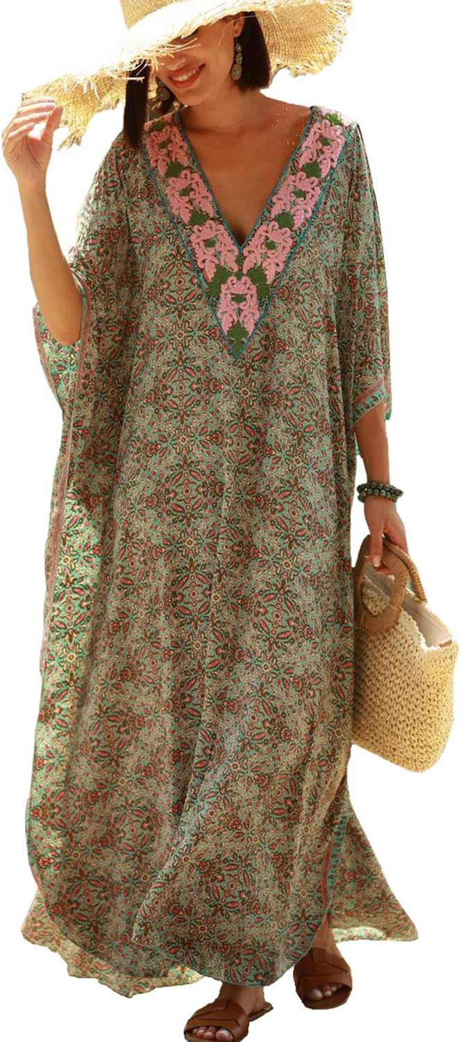 YouKD Summer Floral Loose Caftan Boho Beach Bikini Cover Up Dress Plus Size Robe for Women