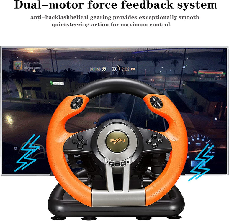 PXN V3II Simulate Racing Game Steering Wheel with Pedal, 180 Degree Steering Wheel, Compatible with Windows PC, PS3, PS4, Xbox One X|S, for Nintendo Switch-Orange