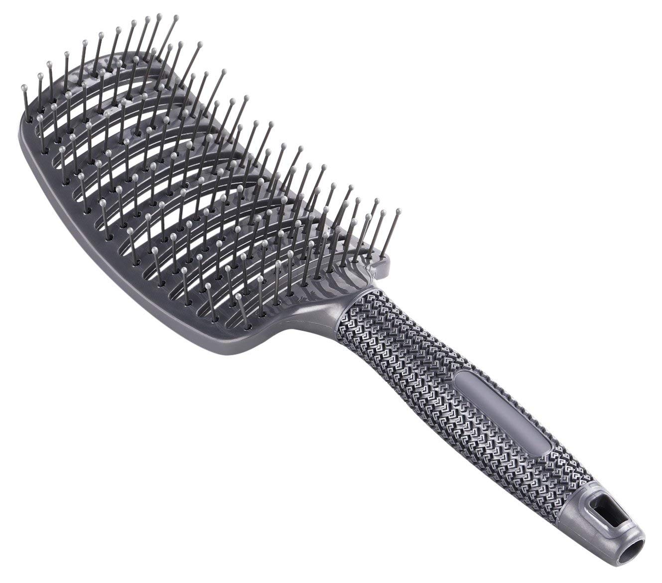 Curved Vent Brush, Barber Blow Drying Brush with Nylon Detangling Pins, Anti-Static - Grey