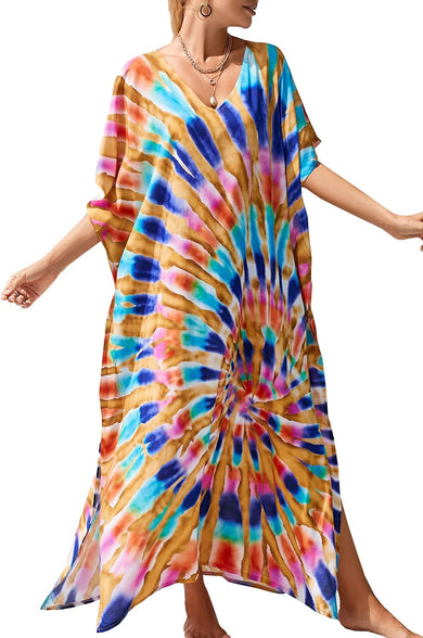 YouKD Maxi Dress V-Neck Kaftan Boho Robes Beach Cover-ups Dress Roomy Gowns for Women