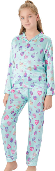 Satin Pajamas for Girls – Coat Style Unicorn Long Sleeve Silk Button Down PJ Set Size 6-16