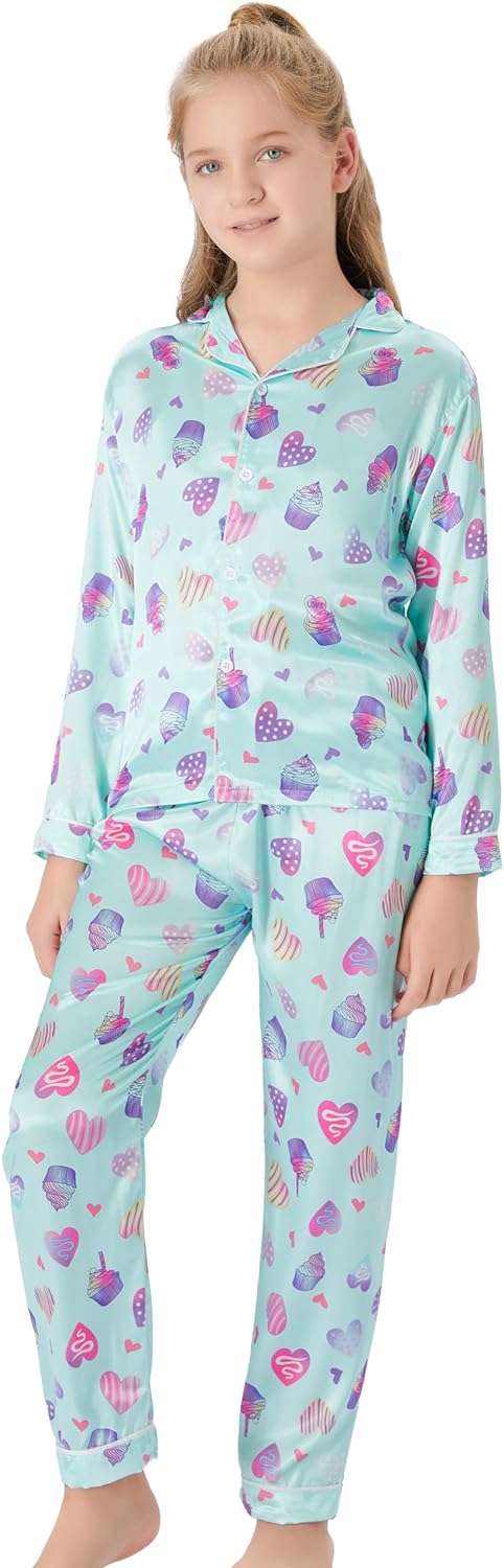 Satin Pajamas for Girls – Coat Style Unicorn Long Sleeve Silk Button Down PJ Set Size 6-16