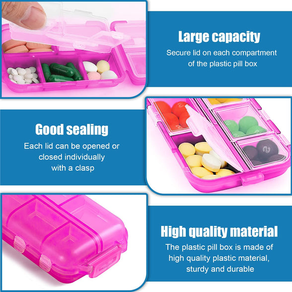 Travel Pill Organizer Box, 2 Pcs 10 Compartments Portable Plastic Pill Case, Pill Box Dispenser for Medicines, Vitamin, Fish Oil (Blue, Pink)