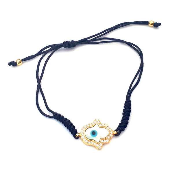 Alwan Adjustable String Bracelet with a Silver Hamsa for Women with an Evil Eye - EE5475HNB