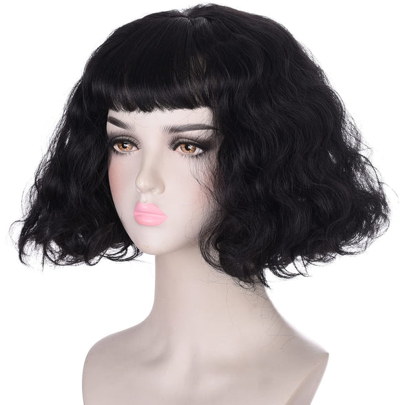 Lydia Deetz Cosplay Wig for Women Girls Short Black Bob Wig with Bangs Synthetic Hair Wavy Wigs for Womens Costume Halloween Party