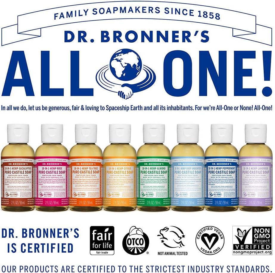 Dr. Bronner’s - Pure-Castile Liquid Soap (Peppermint, Travel Size, 2 ounce) - Made with Organic Oils, 18-in-1 Uses: Face, Body, Hair, Laundry, Pets and Dishes, Concentrated, Vegan, Non-GMO