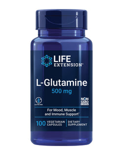 Life Extension L-Glutamine, 500 mg L-glutamine, amino acid, supports muscle health and immune health, gluten-free, non-GMO, 100 vegetarian capsules