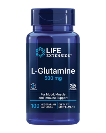 Life Extension L-Glutamine, 500 mg L-glutamine, amino acid, supports muscle health and immune health, gluten-free, non-GMO, 100 vegetarian capsules