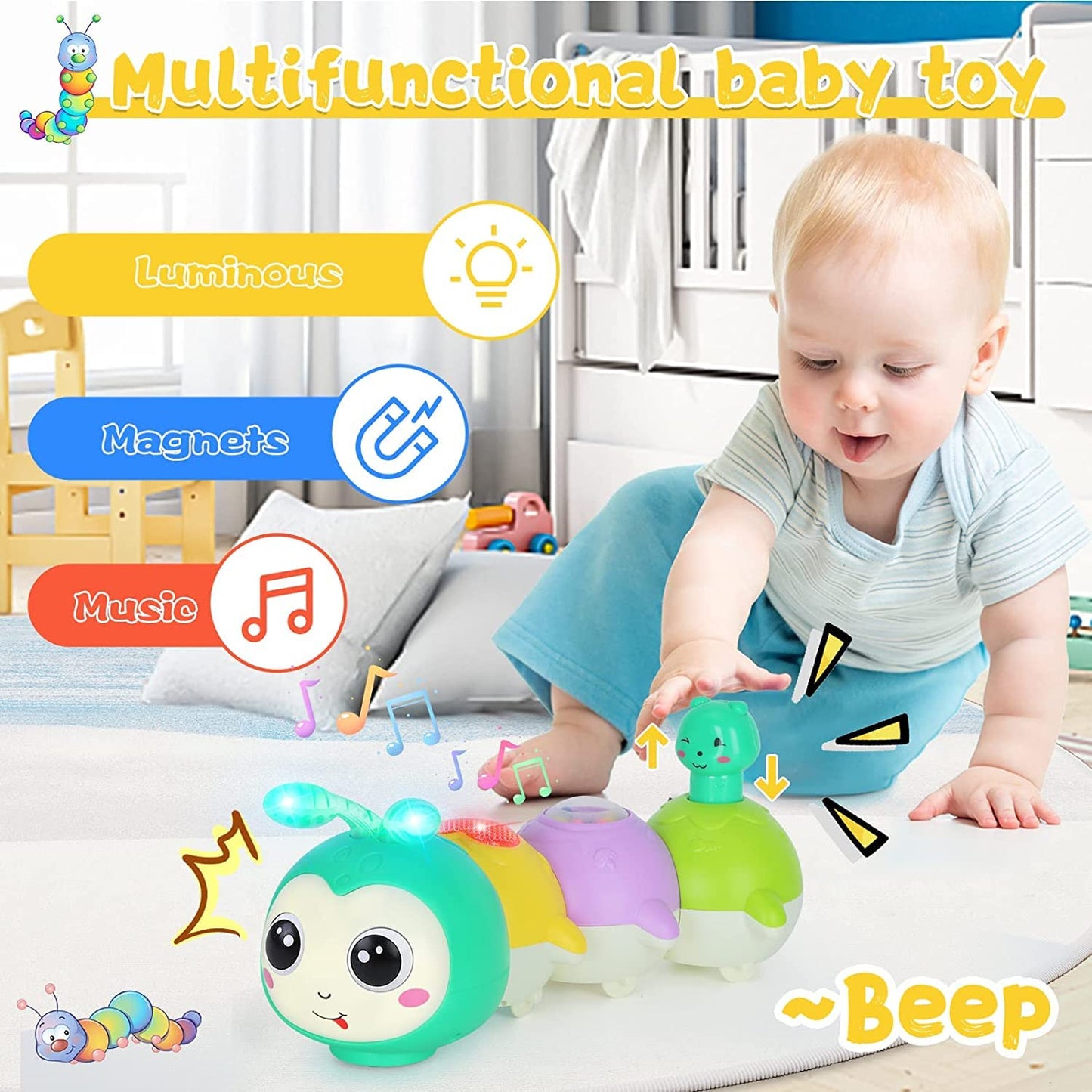 AM ANNA Baby Toys 0-6 Months, Crawling Caterpillar Tummy Time Toy with Magnetic Suction Music Light up, Sensory Learning Infant Toy for 6-12 Month Newborn Toddler 1 Year Old Girl Boy Baby Gifts