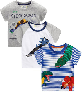 YOUNGSOUL Boys' T-Shirt Dinosaur Children's Short Sleeve Tee Shirt Summer Tops Pack of 3 (4-5Y)