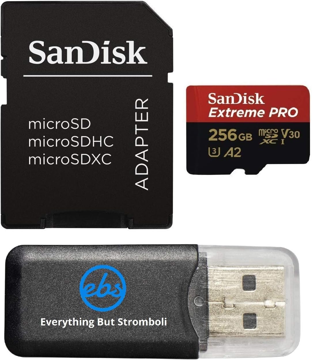 SanDisk Extreme Pro 256GB Micro SD Memory Card for GoPro Hero 9 Black Camera Hero9 UHS-1 U3 / V30 A2 4K Class 10 (SDSQXCY-256G-GN6MA) Bundle with (1) Everything But Stromboli MicroSDXC Card Reader