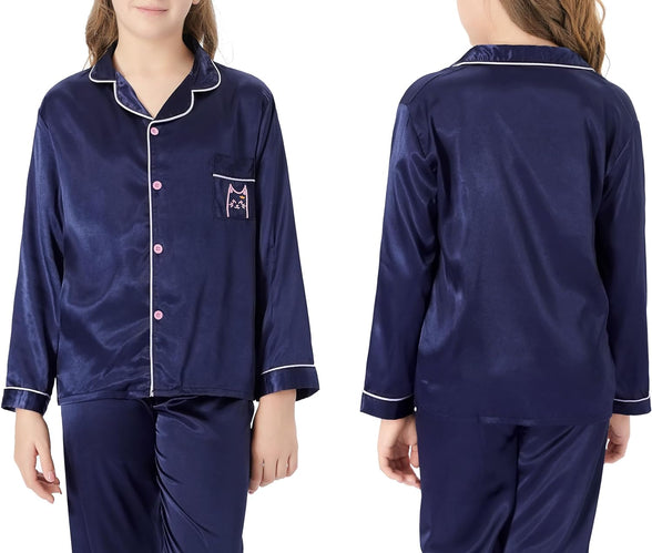 Satin Pajamas for Girls – Coat Style Unicorn Long Sleeve Silk Button Down PJ Set Size 6-16