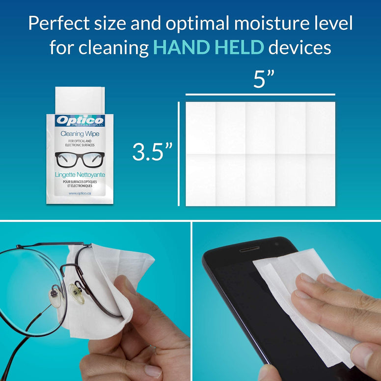 Optico Pre-Moistened Lens Cleaning Wipes - [5 x 3.5 Inches - 180 Wipes] Premium Quality Cleaner for Eyeglasses, Screens, and Cameras - No Spray Bottle Needed, Streak & Lint Free, Individually Wrapped