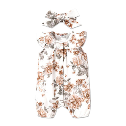 PATPAT Baby Girl Rompers Sleeveless Strap Bowknot Jumpsuit Ruffle Sleeve Floral Print Clothes with Headband