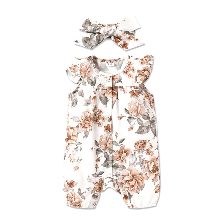PATPAT Baby Girl Rompers Sleeveless Strap Bowknot Jumpsuit Ruffle Sleeve Floral Print Clothes with Headband