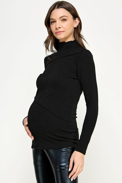 Womens Long Sleeve Ribbed Knit Maternity Top with Mock Neck