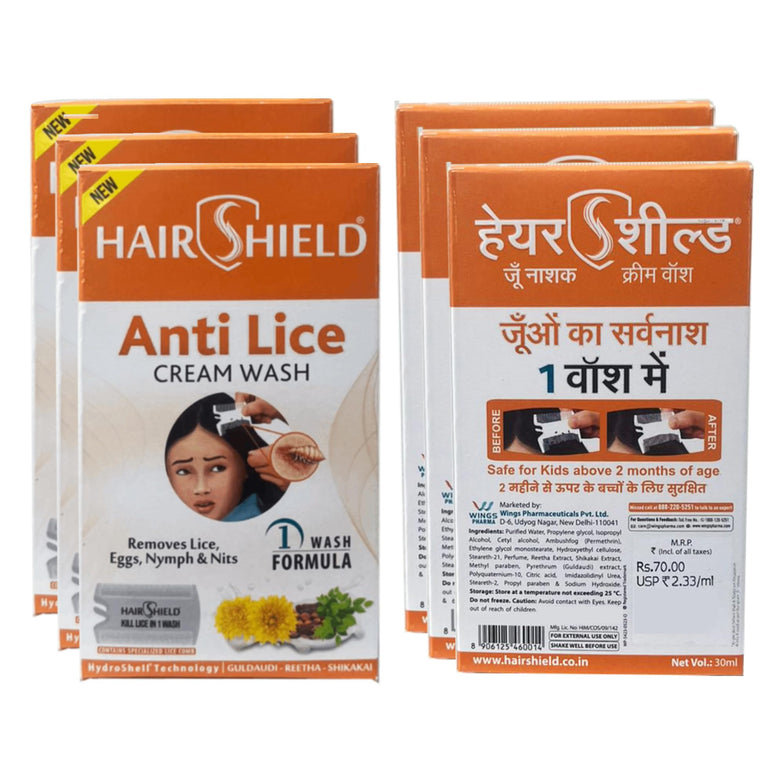 Hairshield Anti Lice Cream Wash 30 Ml X Pack Of 6 = 180 Ml Free Head Lice Comb With Every Pack