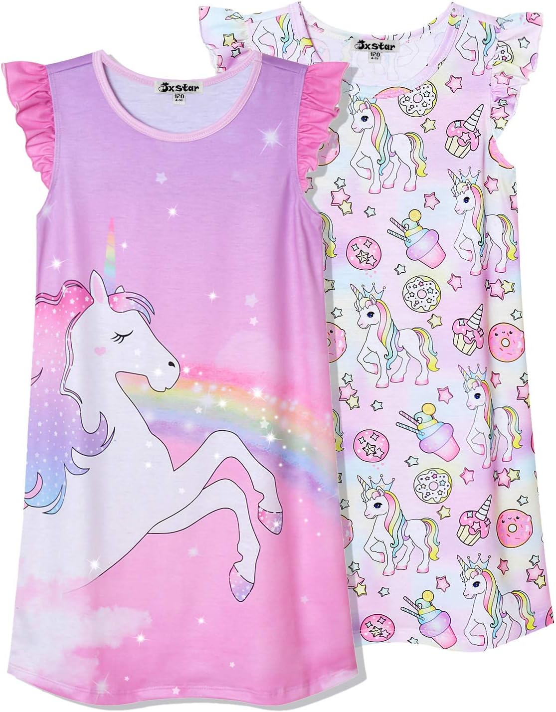 Jxstar 2-Pack Nightgown for Girls Flutter Sleeve Pajamas Cotton Night Dresse