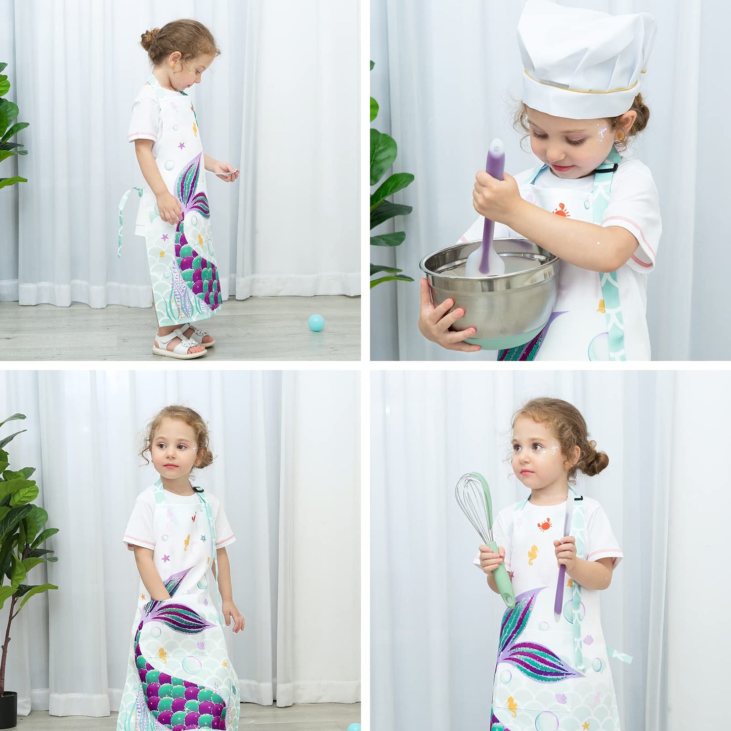 Mermaid Apron for Kids Girls Apron with Pocket Adjustable Strap