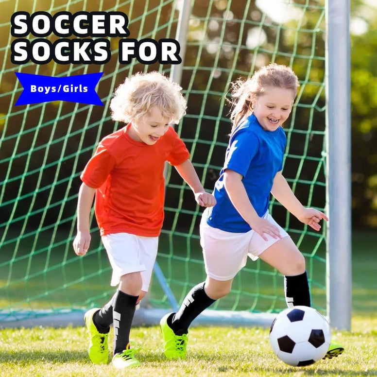 Kids Athletic Soccer Socks, 2 Pairs Knee High Socks for Youth Boys Girls for Shoe Size 3-6.5 / Ages 6-12