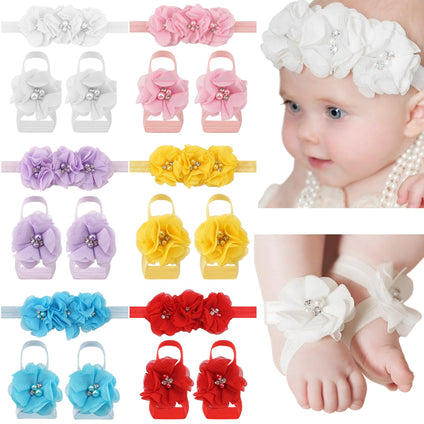 CellElection 6 Colors Baby Girls Flower Headbands Barefoot Sandals Set Baby Hair Accessories Pearl Flower Hairbands Foot Bands Hair Accessories for Newborns Infants Toddlers