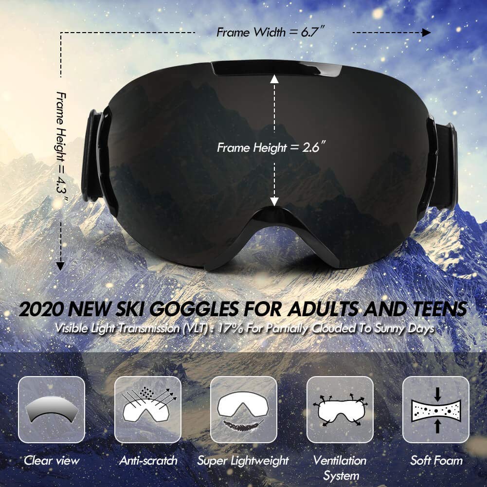 Houzemann Ski Goggles Over Glasses - 2020 New Anti-Fog and UV400 Protection Snowboard Goggles for Men Women Youth, Spherical Dual Lens Snow Goggles, Skiing Goggles for Men Women Teens