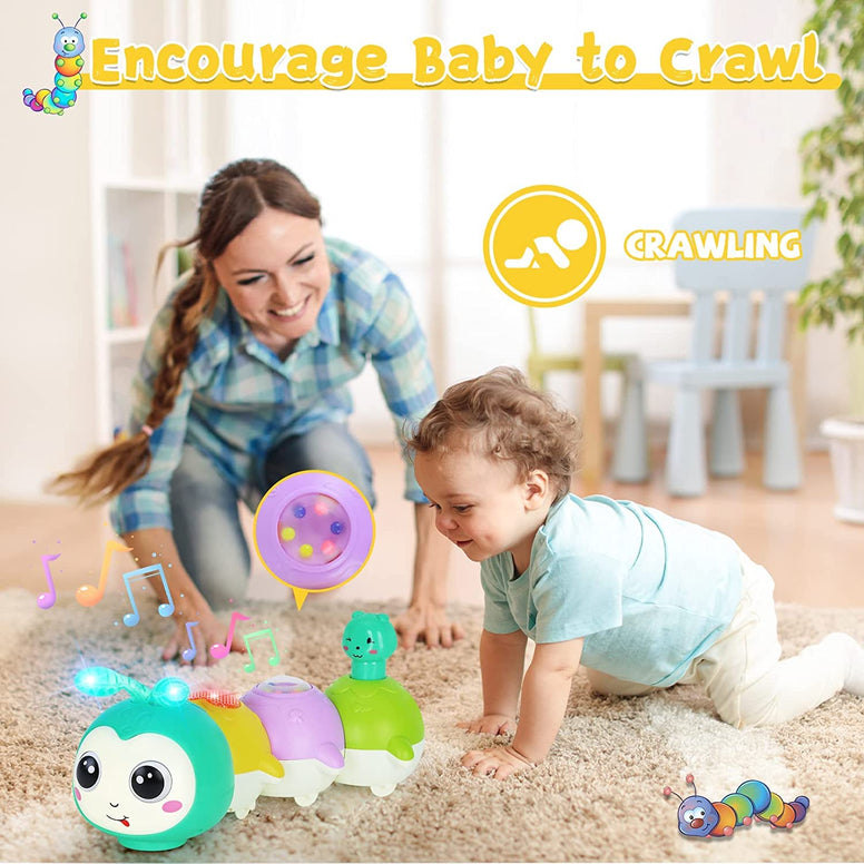 AM ANNA Baby Toys 0-6 Months, Crawling Caterpillar Tummy Time Toy with Magnetic Suction Music Light up, Sensory Learning Infant Toy for 6-12 Month Newborn Toddler 1 Year Old Girl Boy Baby Gifts