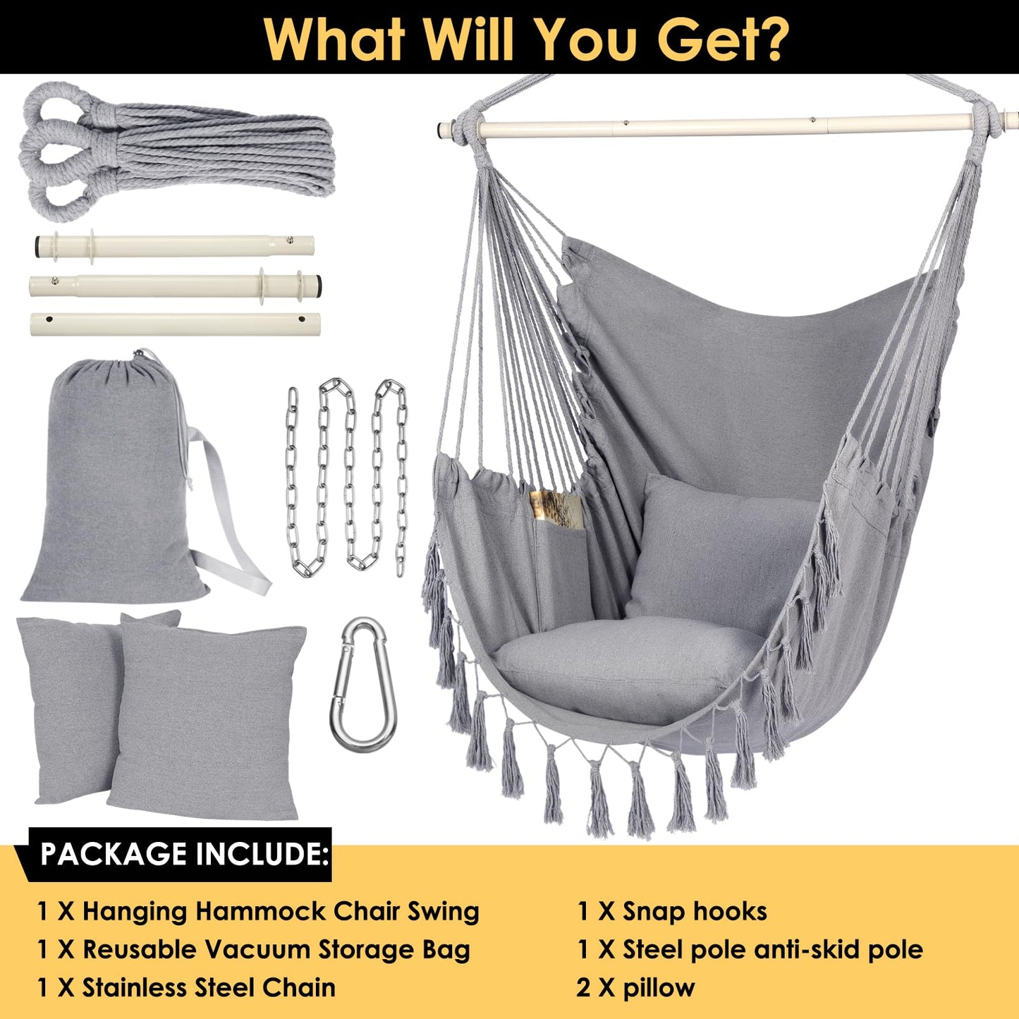 Y- STOP Hammock Chair Hanging Rope Swing, Max 330 Lbs, 2 Cushions Included-Large Macrame Hanging Chair with Pocket for Superior Comfort,Durability (Light Grey)